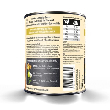 Dose Twice Nice Premium-Hundefutter mit Huhn, Kartoffel, Birne und Kamille, glutenfrei, 800 g, Fütterungsempfehlung und Zutaten.