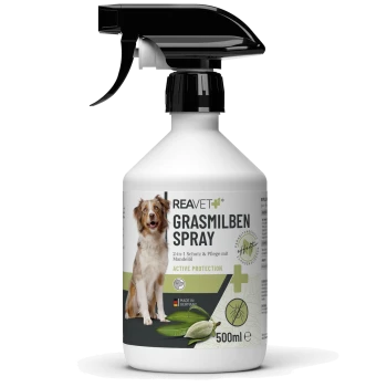 REAVET Grasmilben Spray für Haustiere, 500ml Flasche mit Hundelabel, mit "2-in-1 Schutz & Pflege mit Mandelöl" und "Aktiver Schutz."