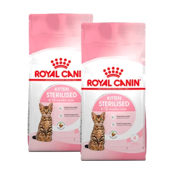 Zwei Beutel Royal Canin Kitten Sterilised Katzenfutter, entworfen für Kätzchen im Alter von 6-12 Monaten, mit einem verspielten Kätzchen auf der Verpackung.
