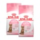 Zwei Beutel Royal Canin Kitten Sterilised Katzenfutter, entworfen für Kätzchen im Alter von 6-12 Monaten, mit einem verspielten Kätzchen auf der Verpackung.