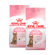 Zwei Beutel Royal Canin Kitten Sterilised Katzenfutter, entworfen für Kätzchen im Alter von 6-12 Monaten, mit einem verspielten Kätzchen auf der Verpackung.