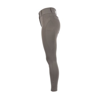 Graue Reitleggings aus elastischem Material, seitlich angezeigt, mit hohem Bund und dem eingravierten Markennamen "Cavallo" auf der Rückseite.