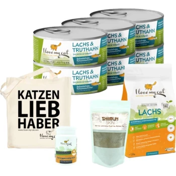 Eine Sammlung von Haustierprodukten: sechs Dosen Katzenfutter, eine "KATZEN LIEB HABER" Tragetasche, Nahrungsergänzungsmittel, Lachs-Katzenfutter und ein "SHIMUN SKIN" Paket.