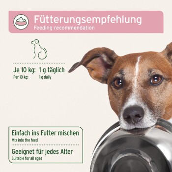 Fütterungsempfehlung für Haustiere: 1 g täglich pro 10 kg. Anweisungen zum Mischen ins Futter, geeignet für alle Altersgruppen.