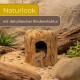 Leopardgecko, der aus einer hohlen Rindenhöhle in einem sandigen Terrarium hervorkommt; Text: 'Naturlook' und 'mit detailreicher Rindenstruktur'