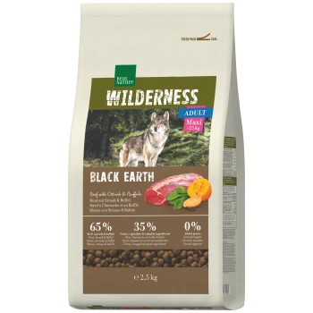 Sac de Real Nature Wilderness «Black Earth» nourriture pour chiens adultes avec image de loup, Adult Maxi >25 kg, bœuf avec autruche et buffle, 2,5 kg.