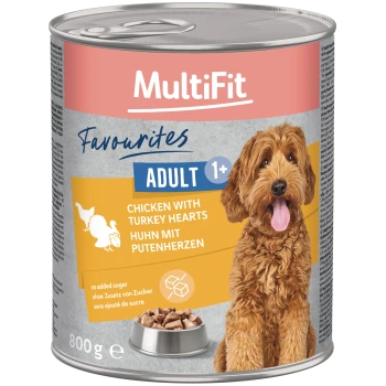 MultiFit Dosenfutter 'Favourites Adult 1+' Huhn mit Putenherzen, 800 g, ohne Zuckerzusatz, Bild eines braunen, zotteligen Hundes.