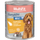 Boîte d'aliments pour chiens MultiFit Favourites Adult 1+ Poulet avec cœurs de dinde, 800 g, sans sucres ajoutés, image d'un chien brun au pelage hirsute.