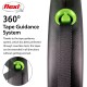 Flexi 360° Tape Guidance System, featuring a green button and a textured black tape, with text explaining its jam-free extension.
