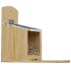 Wooden bird feeder with a hinged roof, filled with assorted bird seeds, and a flat base for feeding.
