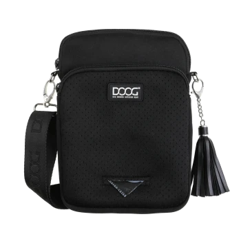 Schwarze Haustieraccessoire-Tasche mit Reißverschluss, mit einer strukturierten Oberfläche, einem Schultergurt und einem dekorativen Quasten.