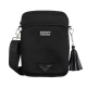 Schwarze Haustieraccessoire-Tasche mit Reißverschluss, mit einer strukturierten Oberfläche, einem Schultergurt und einem dekorativen Quasten.