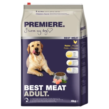 Dog food bag labeled "Premiere. Best Meat Adult." with 4kg weight, featuring a dog image and highlighting 40% chicken.