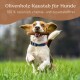 Gestromter Hund kaut auf einem Olivenholzstock; der Text darüber lautet "Olivenholz-Kaustab für Hunde" und "100% natürlich, chemie- und zusatzstofffrei."