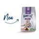 Happy Cat Senior Katzenfutterbeutel mit Atlantischem Lachs, mit einer grauen Katze auf der Vorderseite und dem Text "Neu" in Blau.