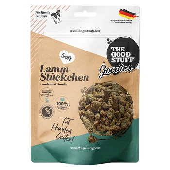 Tüte 'The Good Stuff Goodies': weiche Lamm-Stückchen Hundeleckerlis, 100% natürlich, hergestellt in Deutschland.