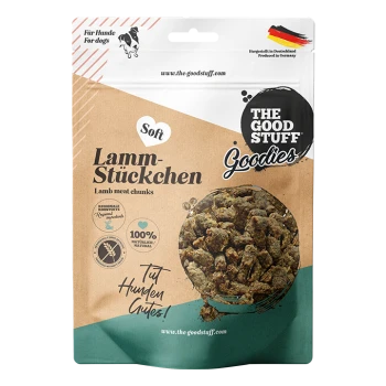 Tüte 'The Good Stuff Goodies': weiche Lamm-Stückchen Hundeleckerlis, 100% natürlich, hergestellt in Deutschland.