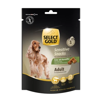 Select Gold Sensitive Snacks for dogs, featuring a golden retriever on the front, with text highlighting "Duck with Potato" and "Adult."