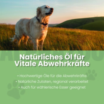 Flasche mit ALPHA-IMMUN Haustieröl von ALPHAZOO, das Vitalität und Immunsupport fördert, mit Text, der die lokale Produktion und Omega-Fettsäuren hervorhebt.