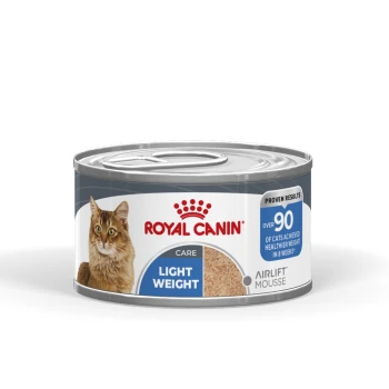 Silver can of Royal Canin Light Weight cat food with brown cat photo, label reads "ROYAL CANIN", "LIGHT WEIGHT", "Airlift Mousse"