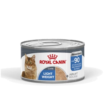 Silver can of Royal Canin Light Weight cat food with brown cat photo, label reads "ROYAL CANIN", "LIGHT WEIGHT", "Airlift Mousse"