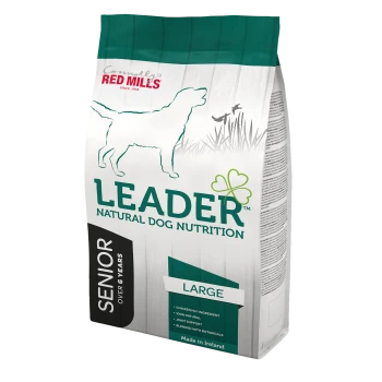 Bag of Leader Natural Dog Nutrition for senior large breeds, featuring a dog silhouette and "chicken" as the main ingredient.