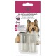 Silicone finger brush for dogs packaging featuring a smiling collie, with text highlighting effective plaque removal.