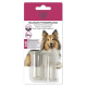 Verpackung einer Silikonfingerbürste für Hunde mit einem lächelnden Collie, mit Text, der die effektive Plaqueentfernung hervorhebt.