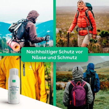 Bild einer Werbung für ein Tiergeschäft mit einer Flasche für Outdoor-Bekleidungswäsche. Der Text lautet 'Nachhaltiger Schutz vor Nässe und Schmutz.'