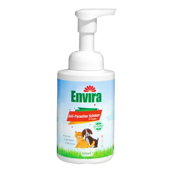 Flasche Envira Anti-Parasiten Schaum, ein 350ml umweltfreundliches Haustierprodukt, mit einer Illustration von Katze und Hund auf einem grasigen Hintergrund.