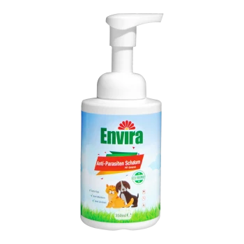 Flasche Envira Anti-Parasiten Schaum, ein 350ml umweltfreundliches Haustierprodukt, mit einer Illustration von Katze und Hund auf einem grasigen Hintergrund.