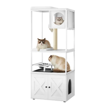 Drei Katzen spielen und ruhen sich auf einem modernen weißen Katzenbaum mit mehreren Ebenen, einem Kratzbaum und einer Futterschüssel aus.