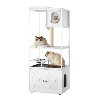 Drei Katzen spielen und ruhen sich auf einem modernen weißen Katzenbaum mit mehreren Ebenen, einem Kratzbaum und einer Futterschüssel aus.
