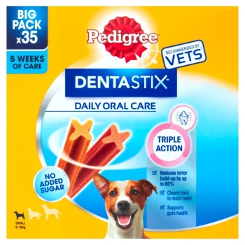 Pedigree DentaStix Daily Oral Care dog treats, big pack of 35, designed for small dogs (5-10kg), with no added sugar and triple action benefits.