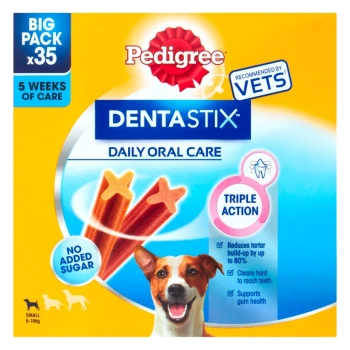 Pedigree DentaStix Daily Oral Care dog treats, big pack of 35, designed for small dogs (5-10kg), with no added sugar and triple action benefits.