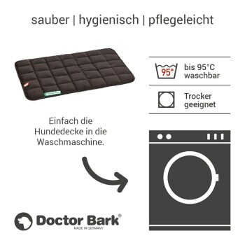 Schwarze Hundedecke mit gestepptem Design, beschriftet mit "Doctor Bark", mit Waschhinweisen: maschinenwaschbar bis 95°C und trocknergeeignet.