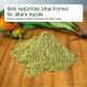 Grünes Pulver auf einer Holzoberfläche, beschriftet mit "Rein natürliche Vital-Formel für ältere Hunde" und "Purely natural vitality formula for older dogs."