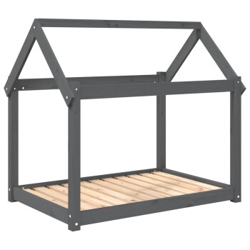 Ein grauer Holzrahmen für ein Haustierbett, das wie ein Haus gestaltet ist, mit einem laminierten Holzfuß und einer offenen Struktur.