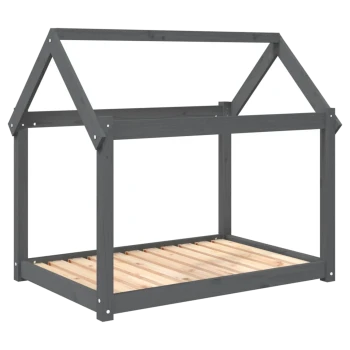Ein grauer Holzrahmen für ein Haustierbett, das wie ein Haus gestaltet ist, mit einem laminierten Holzfuß und einer offenen Struktur.