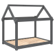 Ein grauer Holzrahmen für ein Haustierbett, das wie ein Haus gestaltet ist, mit einem laminierten Holzfuß und einer offenen Struktur.