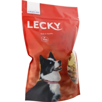Sac rouge de friandises pour chiens LECKY avec un chien noir et blanc aux yeux bleus, étiqueté "Malt & Vanille" et marqué comme "VEGI."