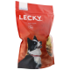 Sac rouge de friandises pour chiens LECKY avec un chien noir et blanc aux yeux bleus, étiqueté "Malt & Vanille" et marqué comme "VEGI."