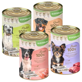 Vier LECKER.PET Hundefutterdosen: Paulas (Hühnchen), Ginos (Fleisch), Lunas (Hühnchen/Truthahn) und Josies (Muskel Fleisch), alle beschriftet mit "100% natürlich."