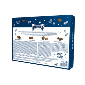 Rückseite des Happy Dog Adventskalenders für Hunde mit verschiedenen geformten Leckerlis, Text auf Deutsch und Englisch, 200g.