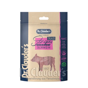 Hochwertige Snackstreifen für Haustiere, mit einer Silhouette eines rosa Schweins, beschriftet "100% Schwein", mit "Dr. Clauder's" Branding.
