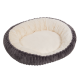 Gemütliches rundes Haustierbett mit einem plüschigen cremefarbenen Innenraum und einem weichen grauen Außenbereich, entworfen für Komfort und Wärme.
