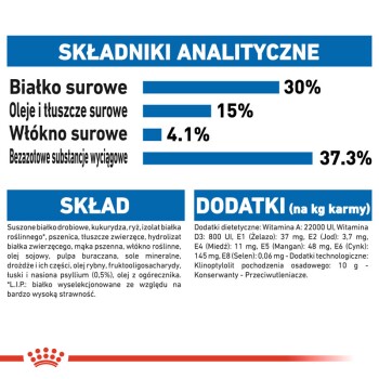Analiza składników karmy dla zwierząt pokazująca 30% białka surowego, 15% tłuszczu, 4,1% błonnika i 37,3% wilgoci; zawiera dodatki dietetyczne.
