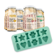 Flaschen mit SmoothieCat Katzensnacks in verschiedenen Geschmacksrichtungen mit grünem Silikonform mit Knochen-, Stern-, Pfoten-, Flaschen- und Herzformen.
