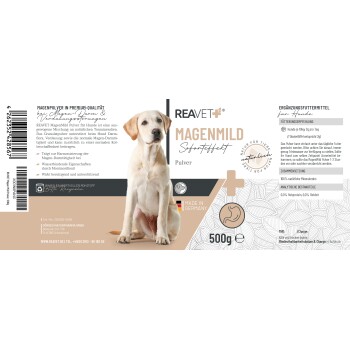 MagenMild-Pulver für Hunde, 500g-Packung, fördert die Verdauungsgesundheit mit natürlichen Mineralien. Hergestellt in Deutschland, enthält Fütterungsanweisungen.