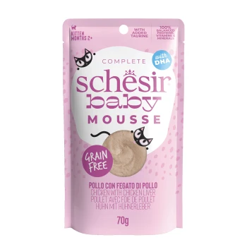 Schesir Baby Mousse kitten food pouch, grain free, chicken with chicken liver, 70g, pink packaging with cat illustrations.